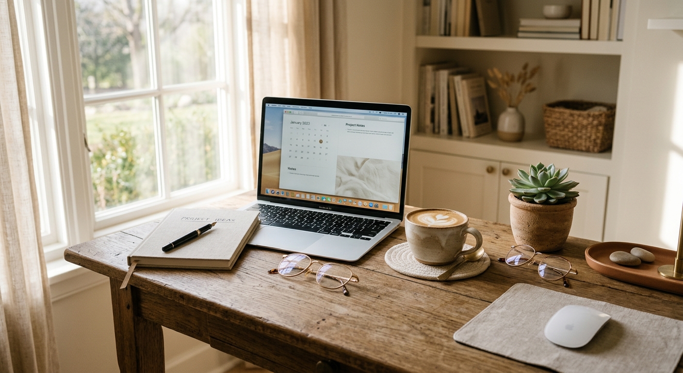 Warm home office workspace with laptop, coffee and notebook in morning light